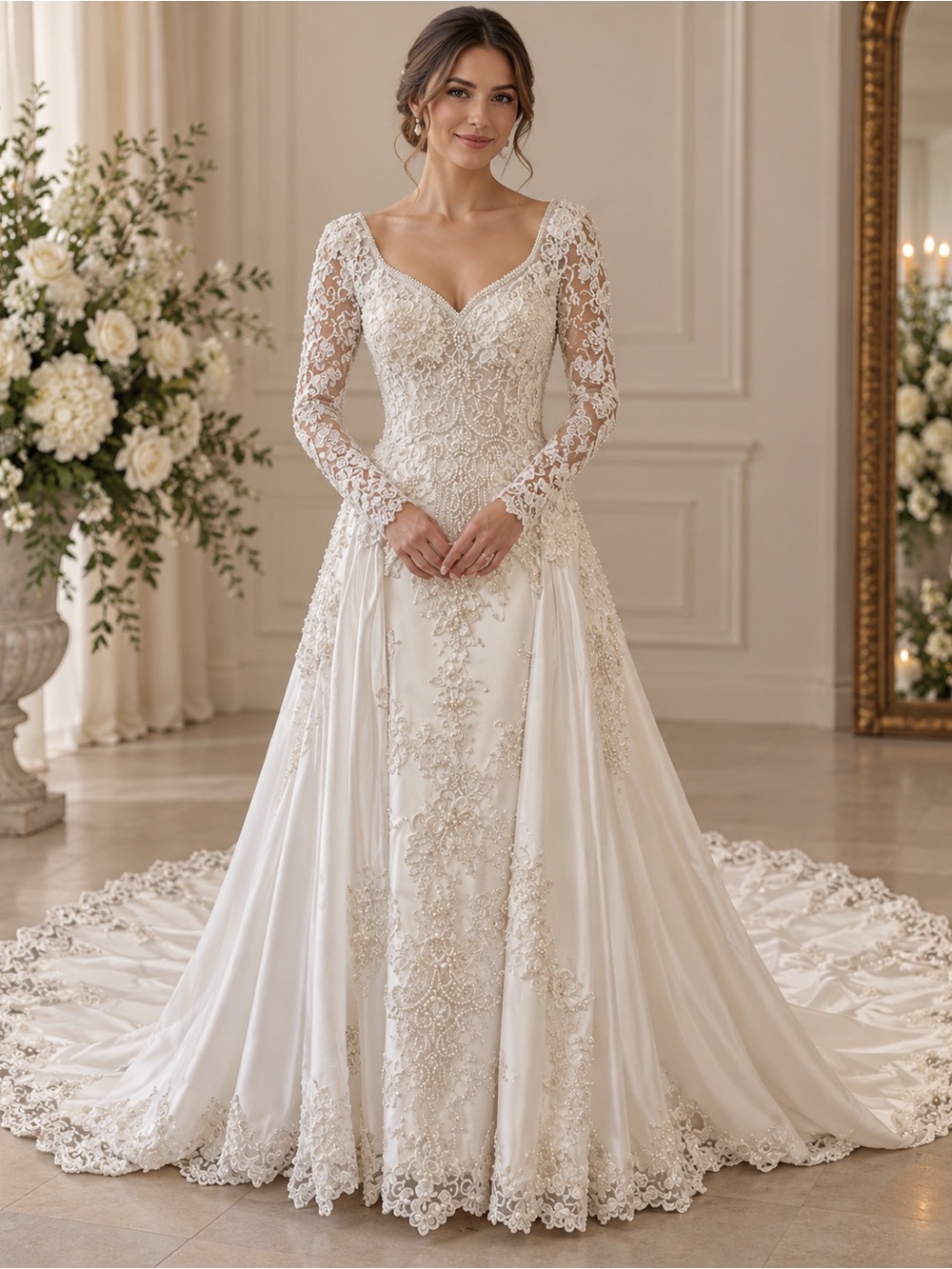 Vintage VENUS F9 Ivory Lace Long-Sleeve A-Line Bridal Gown